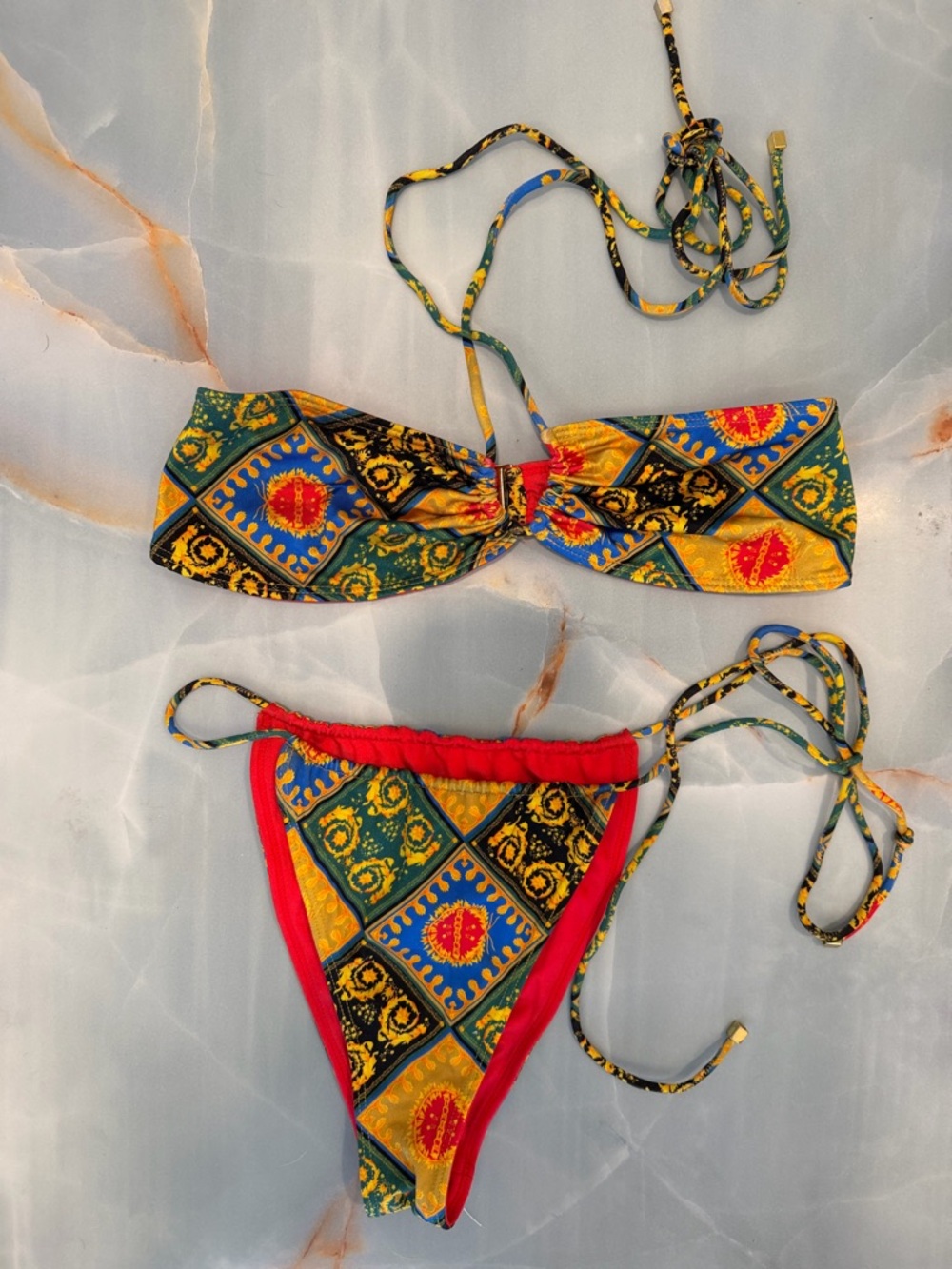 Women's Patterned Bandeau Tie Bikini Set in Red, Blue & Green